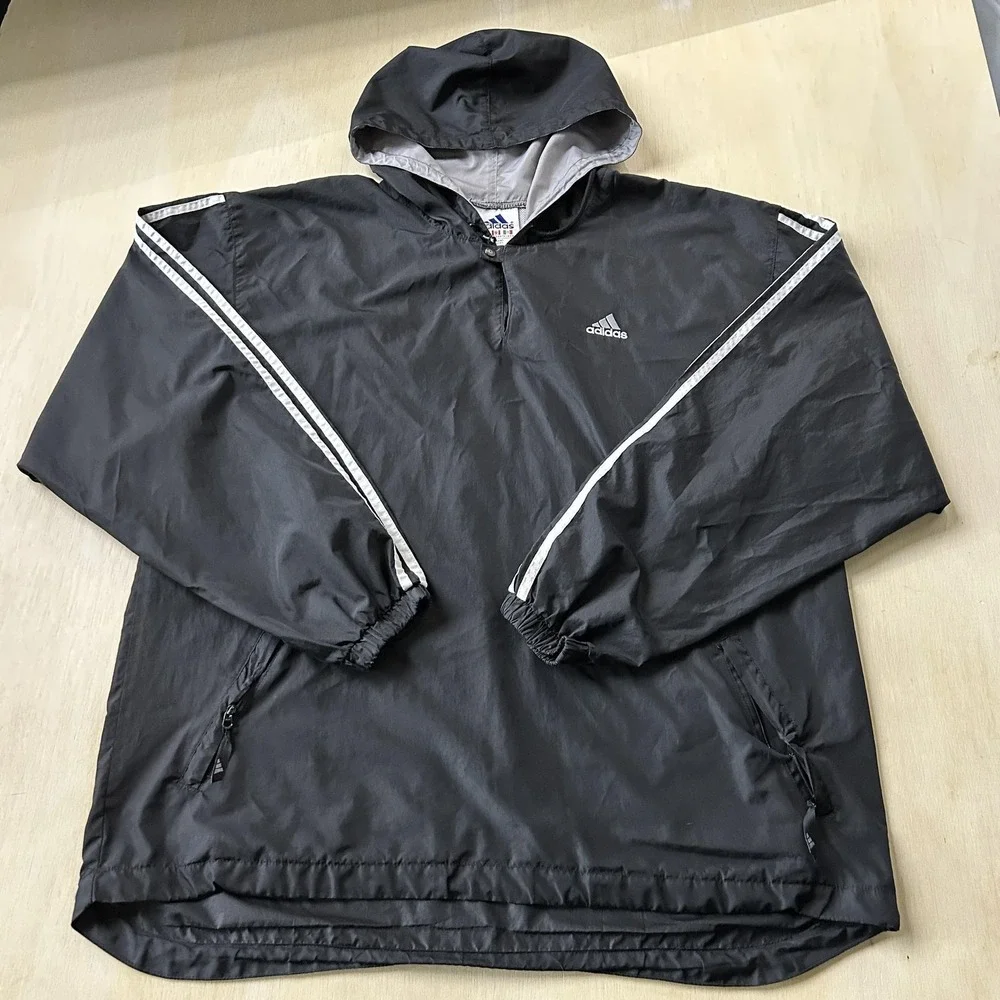 Vintage Adidas Windbreaker Jacket Mens XL Black Hooded 1/4 Zip Pullover Running